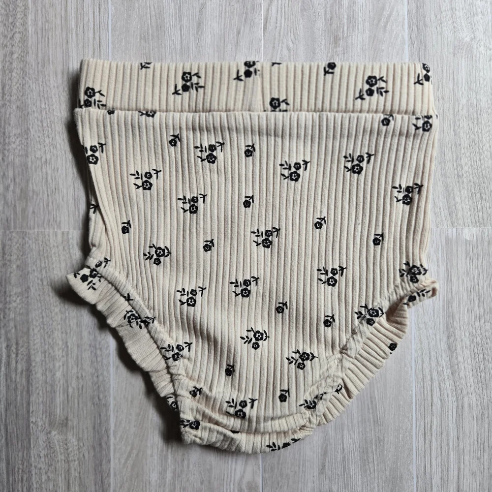 Boho Floral Ribbed Romper & Bloomer 2Pc Set Beige Henley Bodysuit Summer 18-24M